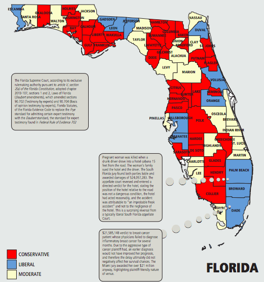 Map of Florida that breaks down who is conservative, moderate and liberal